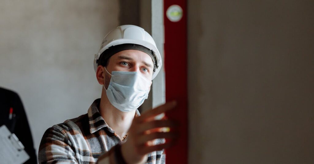 Man wearing a face mask and hard hat conducting safety inspection indoors.